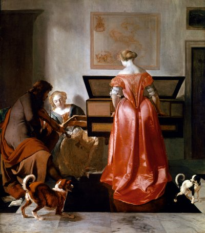 امرأة تعزف على آلة عذراء وأخرى تغني ورجل يعزف على الكمان. 1675-1682. (زيت على قماش) بواسطة جاكوب أوخترفيلت