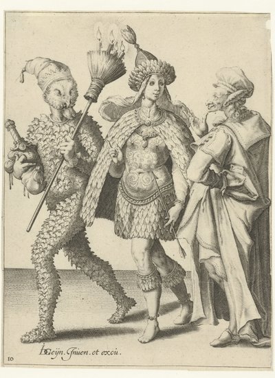 ثلاث شخصيات مقنعة ، إحداها بها مكنسة توضع فيها الشموع The Masquerades (عنوان المسلسل) بواسطة جاكوب دي غين (الثاني) (ورشة عمل)