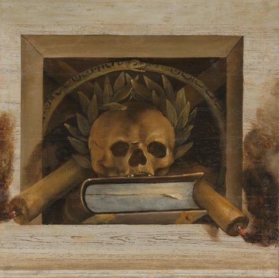 Vanitas Still Life with Skull with Laurel إكليل وكتاب وشمعتين مشتعلتين بواسطة يعقوب فان كامبين
