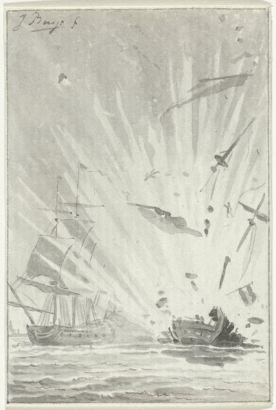 انفجار سفينة القرصان الهولندية De Dappere Patriot في معركة مع السفينة الإنجليزية Kameleon ، 14 أغسطس 1781 بواسطة جاكوبس يشتري