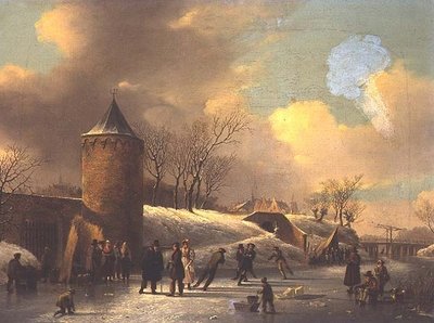 المتزلجين على مجرى مائي مجمد بجانب برج بواسطة Jacobus van der Stok