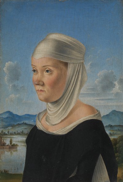 صورة لامرأة ، ربما راهبة من سان سيكوندو ، نحو المشهد في غريسيلي ، كاليفورنيا. 1485-95. بواسطة جاكوميتو فينيزيانو