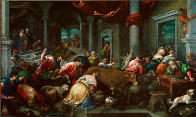 The purification of the Temple or “” Christ chasing merchants from the Temple”” Painting by Jacopo Da Ponte dit Jacopo Bassano (1517 circa-1592) Sun. 160x265 cm London, National Gallery بواسطة جاكوبو باسانو