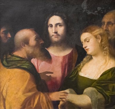 المسيح والزانية بواسطة جاكوبو (1480-1528) بالما