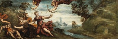 Apollo and Artemis killing the Children of Niobe, c.1545-48 (oil on panel) بواسطة جاكوبو روبوستي (ورشة عمل) تينتوريتو