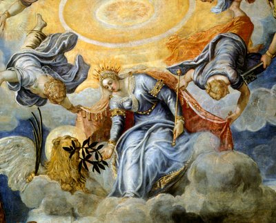 Doge Niccolo da Ponte يتلقى غصن الزيتون من البندقية ، بواسطة Jacopo Robusti المعروف باسم Tintoretto (1518-1594) ، التفاصيل ، Sala del Maggior Consiglio (Hall of Great Council) ، Palazzo Ducale ، البندقية بواسطة جاكوبو روبوستي تينتوريتو