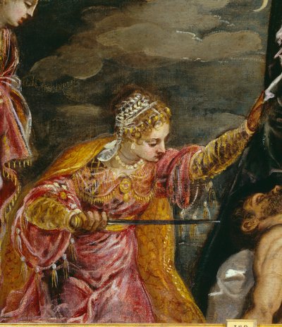 جوديث وهولوفرنيس (زيت على قماش) ، تينتوريتو ، جاكوبو روبوستي (1518-94) / برادو ، مدريد ، إسبانيا - تفاصيل لوحة "جوديث وهولوفيرن" لجاكوبو روبوستي المسمى تينتوريت (إيل تينتوريتو) (1518-1594) القرن السادس عشر الشمس. 0،58x1،19 م مدريد ، برادو مو بواسطة جاكوبو روبوستي تينتوريتو
