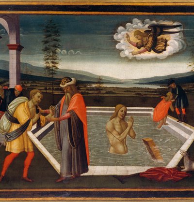Probatic Pool, detail with miracle of paralytic, by Jacopo di Arcangelo or Jacopo del Sellaio (1442-1493), Detail بواسطة Jacopo del Sellaio