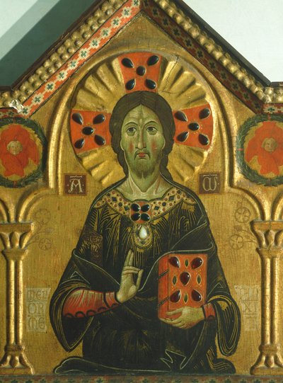 المخلص ، تفاصيل من Redeemer with Madonna and three Saints ، بواسطة Meliore Toscano أو Meliore di Jacopo (حوالي 1255-1285) ، تمبرا وذهبية على لوح ، 85x210 سم بواسطة جاكوبو دي ميليوري