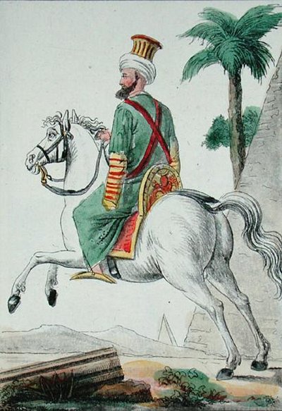 مملوكي من القاهرة في مصر عام 1801 ، رسم توضيحي للفنان "رحلة بيتوريسك دانس لي كواتر بارتس دو موند" بواسطة جاك (بعد) Grasset de Saint-Sauveur