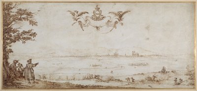 A View of Toul across the Plain, Landscape with Figures, the Sky with the Arms of Porcellets (pen & brown ink on vellum) بواسطة جاك كالوت