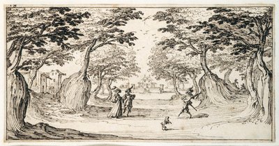 A fine lady and gentleman dancing in the woods to a lute, a chateau in the distance (pen & brown ink on paper) بواسطة جاك كالوت