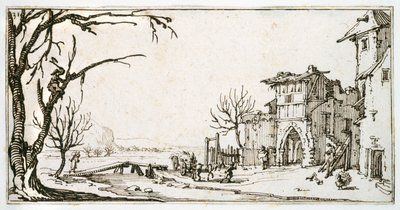 A haywain being brought to the medieval gate of a village, a man lopping a branch, from an album belonging to Israel Silvestre, c.1630 (pen & ink on paper) بواسطة جاك كالوت