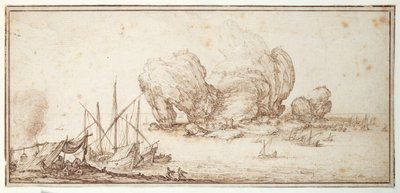 Fantastic rocks, fortified. Shipping. Mariners bivouac in sight of their craft (Le Grand Rocher) (pen & ink on paper) بواسطة جاك كالوت