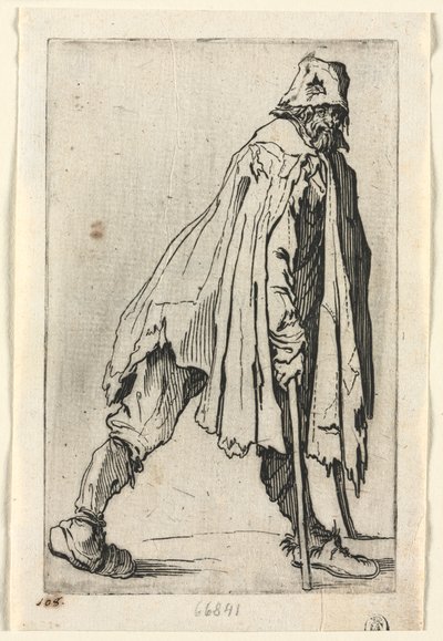المتسولون: المتسول على عكازين ، يرتدون قبعة ، ج. 1623. بواسطة جاك كالوت