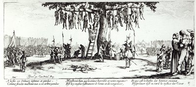 الشنق ، اللوحة 11 من "بؤس الحرب ومآسيها" ، نقشها إسرائيل هنرييت (c.1590-1661) 1633 بواسطة جاك كالوت