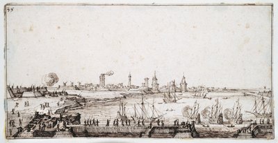 View of the harbour of La Rochelle with galleons firing a salute (pen & brown ink on paper) بواسطة جاك كالوت