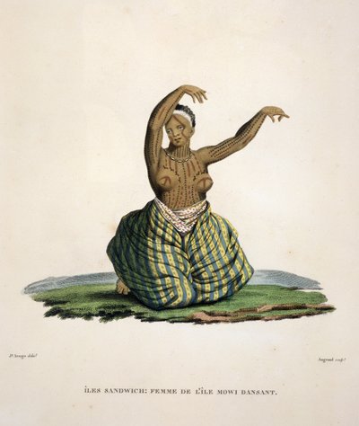 امرأة راقصة من جزيرة ماوي في جزر هاواي ، نقشها بارفيت أوجراند (مواليد 1782) بواسطة جاك إتيان فيكتور أراغو