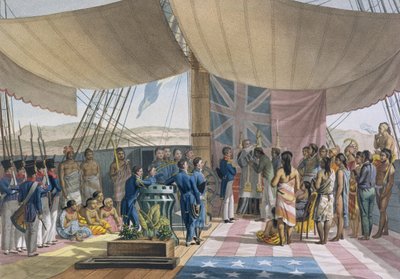 جزر ساندويتش: تعميد ملوك رئيس الوزراء على متن Uranie ، من Voyage Autour du Monde sur les Corvettes de LUranie 1817-20 منقوش بواسطة Lerouge and Forget ، تم نشره عام 1825 ( بواسطة جاك إتيان فيكتور أراغو