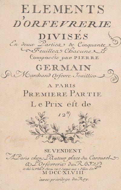 تنقسم Elements d'Orfevrerie إلى قسمين من خمسين ورقة ، 1748 بواسطة جاك روتييه