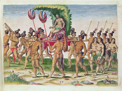 يتم حمل العروس إلى الرئيس ، من "Brevis Narratio .." ، منقوش بواسطة Theodore de Bry (1528-98) المنشور في فرانكفورت ، 1591 (النقش الملون) بواسطة جاك لو موين