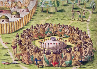 كيف دفن الرئيس ، من "Brevis Narratio .." ، منقوش بواسطة Theodore de Bry 1528-98) المنشور في فرانكفورت ، 1591 بواسطة جاك لو موين