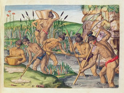 كيف يجمع الهنود الذهب من الجداول ، من "Brevis Narratio .." ، منقوش بواسطة Theodore de Bry (1528-98) المنشور في فرانكفورت ، 1591 بواسطة جاك لو موين