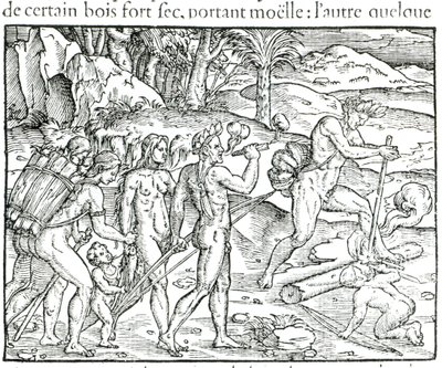السكان الأصليين الهنود يشعلون النار بعد الصيد ، نقشها تيودور دي بري (1525-1575) بواسطة جاك لو موين