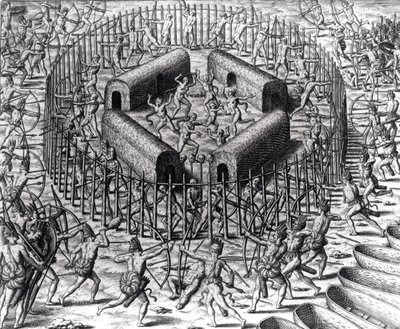 يوهانس ستادن يساعد على الدفاع عن الهنود الذين أسروه ضد Tuppin Tkins ، الذي نقشه تيودور دي بري (1528-98) ، من "الأمريكتين" ، 1590 بواسطة جاك لو موين