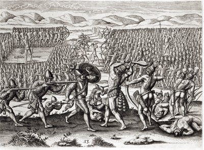 Outina يهزم باتانو بمساعدة الفرنسيين ، فلوريدا ، 1564 ، من &39;Brevis Narratio&39; منقوش بواسطة Theodore de Bry (1528-98) 1591 (انظر أيضًا 223425 und 173458) بواسطة جاك لو موين
