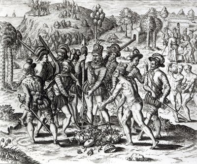الإسبان يتلقون الهدايا من الهنود ، من "التاريخ" ، 1598 ، نقشها تيودور دي بري (1528-98) بواسطة جاك لو موين