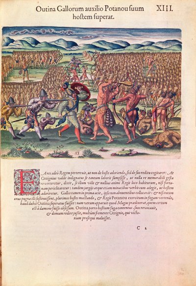 ساعد الفرنسيون الهنود في المعركة ، من "Brevis Narratio .." ، محفور بواسطة Theodore de Bry (1528-98) المنشور في فرانكفورت ، 1591 (انظر أيضًا 111679) بواسطة جاك لو موين