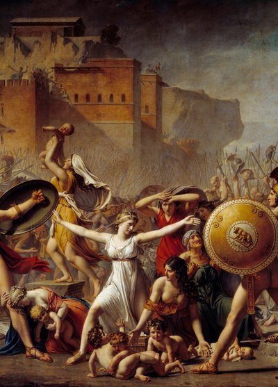 التفاصيل: "" The Sabines "" متداخلة بين أزواجهن الرومان (على اليمين) وإخوانهم Sabins (على اليسار) يظهرون لهم أطفالهم - لوحة لجاك لويس (جاك لويس) ديفيد (1748-1825) بواسطة جاك لويس ديفيد