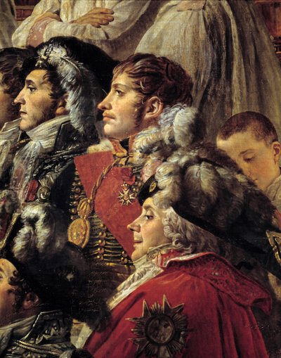 طقوس نابليون. التفاصيل التي تمثل أوغست جان غابرييل دي كولينكورت (1777-1809) ، ويوجين روز دي بوهارنيه ديت الأمير يوجين (1781-1824) ، وتشارلز موريس دي تاليراندت بيريغورد ديت تاليران (1754-1838) خلال مقدس الإمبراطور نابوليو بواسطة جاك لويس ديفيد