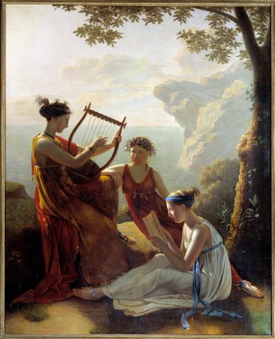 الشاعر اليوناني صافو (سافو) يعزف على القيثارة واثنين من رفاقها لوحة جاك لويس جراندين (1780-؟) 1808 باريس ، متحف مارموتان بواسطة جاك لويس ميشيل جراندين