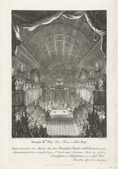 التقى Huwelijk van Willem IV مع prinses Anna ، 1734 جورج الثاني ماج: بريت: فرانك: وهيبر. حفل زفاف الملك بين آن (...) وويليام (...) الثلاثاء 14: أنو: 1733 (...) (العنوان على الكائن) بواسطة وليام كينت