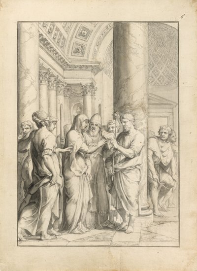 زواج العذراء ، حوالي عام 1640 (قلم وحبر أسود ، بفرشاة وغسل رمادي وبني باهت وغرافيت ، على ورق مضغوط كريمي مقطّع) بواسطة جاك ستيلا