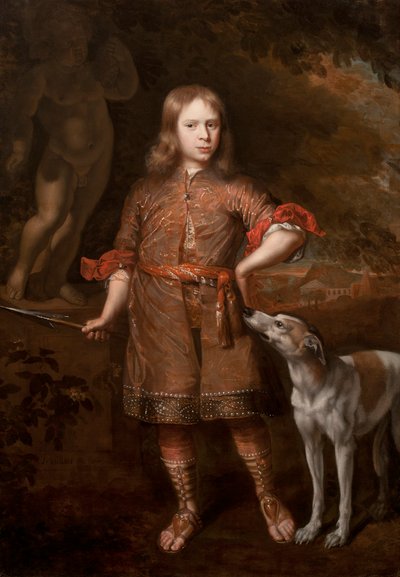 صورة لصبي وهو صياد يحمل رمح الخنازير مع السلوقي ، منتصف 1670s بواسطة Jacques Vaillant