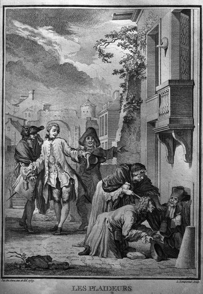 رسم توضيحي لـ Les Plaideurs بعد جاك دي سيف لأعمال جان راسين (1639-1699) ، الشاعر التراجيدي الفرنسي. نقش 1760. بواسطة جاك دي (بعد) سيف