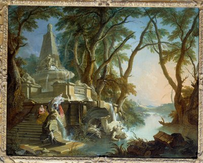 منظر طبيعي يؤلف أو "النهر" نافورة هرمية مع كسر تمثال نبتون. رسم جاك دي لاجوي (1686-1761) القرن الثامن عشر. 0،81 × 1،01 م بواسطة جاك دي لاجوي
