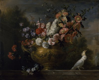 Still life with flowers in an urn, with a cockatoo, on a ledge, c.1699 (oil on canvas) بواسطة يعقوب بوجداني أو بوجداني