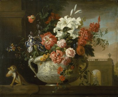 Still life with flowers in an urn, with a monkey, on a ledge, c.1699 (oil on canvas) بواسطة يعقوب بوجداني أو بوجداني