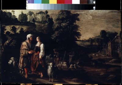 يعقوب يلتقي راحيل عند البئر (يعقوب يلتقي راحيل عند البئر). رسم جاكوبوس (جاك) واب أو وابن (نشط بين 1602-1634). زيت على خشب ، ٣٨ × ٦٢.٥ سم بواسطة يعقوب واب