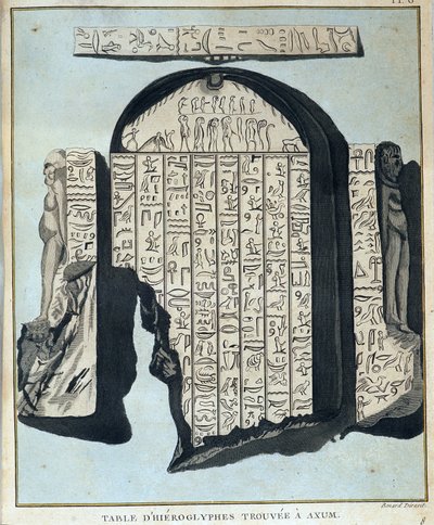 تم العثور على جدول للهيروغليفية في أكسوم (أكسوم) - في "" رحلة في النوبة والحبشة لاكتشاف منابع النيل خلال الأعوام 1768 إلى 1772 "، بقلم جيمس بروس ، المجلد الأول ، باريس بواسطة جيمس بروس