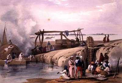 مشهد على نهر سوتليدج ، في البنجاب ، من "اسكتشات في أفغونستان" ، نقشها تشارلز هاجي (1810-188) ولويس هاغي (1806-1885) نشره هنري جريفز بواسطة جيمس (بعد) أتكينسون