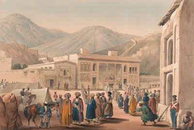 "دوربار خانه لشاه شوجا أول مالك ، في كابول [كذا]" ، حوالي ١٨٤٠ (طباعة حجرية ، ملون) بواسطة جيمس (بعد) أتكينسون