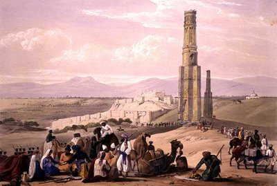 حصن وقلعة غونزي والمينار ، من "اسكتشات في أفغونستان" ، نقشها تشارلز هاغي (1810-188) ولويس هاغي (1806-1885) نشره هنري جريفز بواسطة جيمس (بعد) أتكينسون