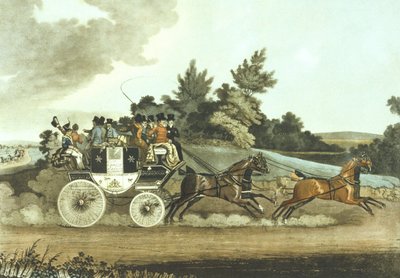Stage Coach and Opposition Coach in Sight (coloured litho) بواسطة جيمس (بعد) بولارد