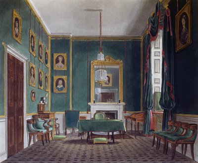 غرفة سحب خضراء ، نقش لدانيال هافيل (1785-1826) ، بناءً على تصميم جيمس ستيفانوف (كاليفورنيا 1788-1874) ، من تاريخ المساكن الملكية بواسطة جيمس (بعد) ستيفانوف