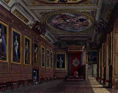 غرفة حضور الملك ، قلعة وندسور ، من "Royal Residences" ، نقش بواسطة WJ Bennett ، حانة. بقلم ويليام هنري باين (1769-1843) بواسطة جيمس (بعد) ستيفانوف